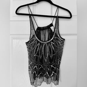 Pins and Needles Sheer Beaded Mesh Top Art Deco Sunburst Party